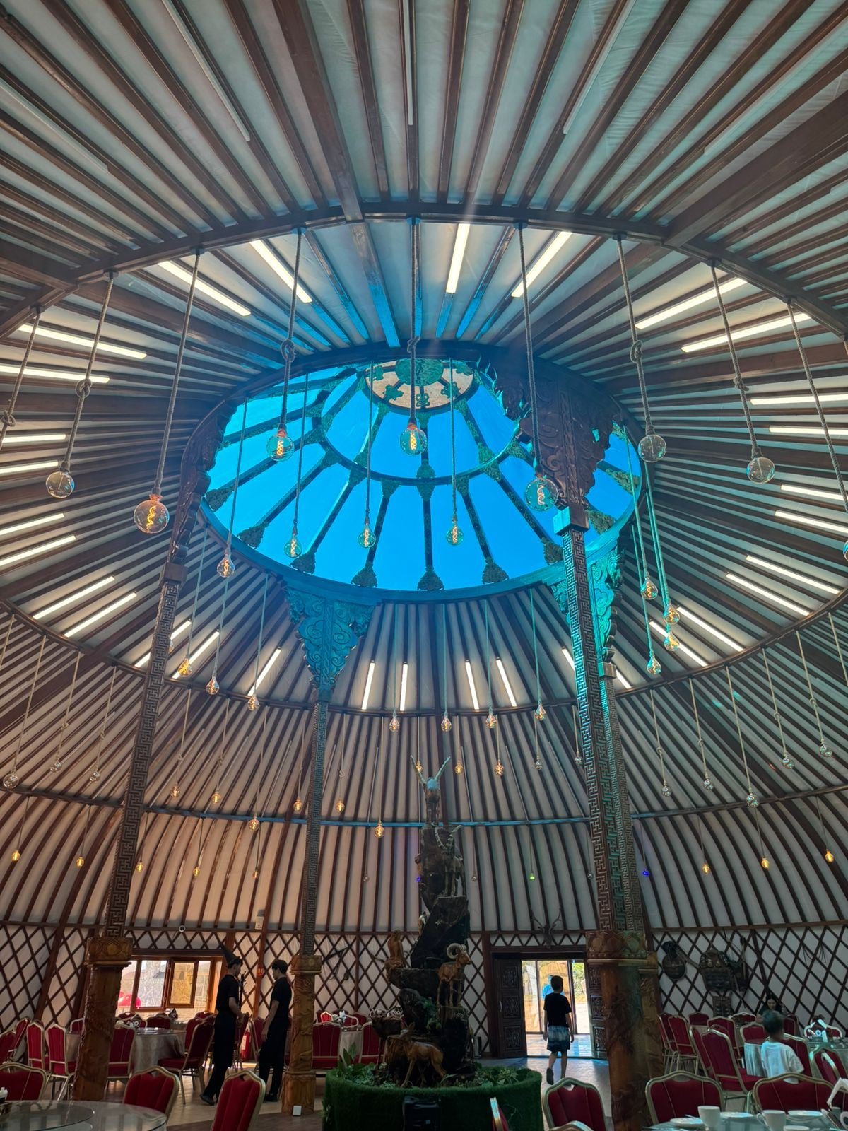 The painted crown of a ger seen from inside