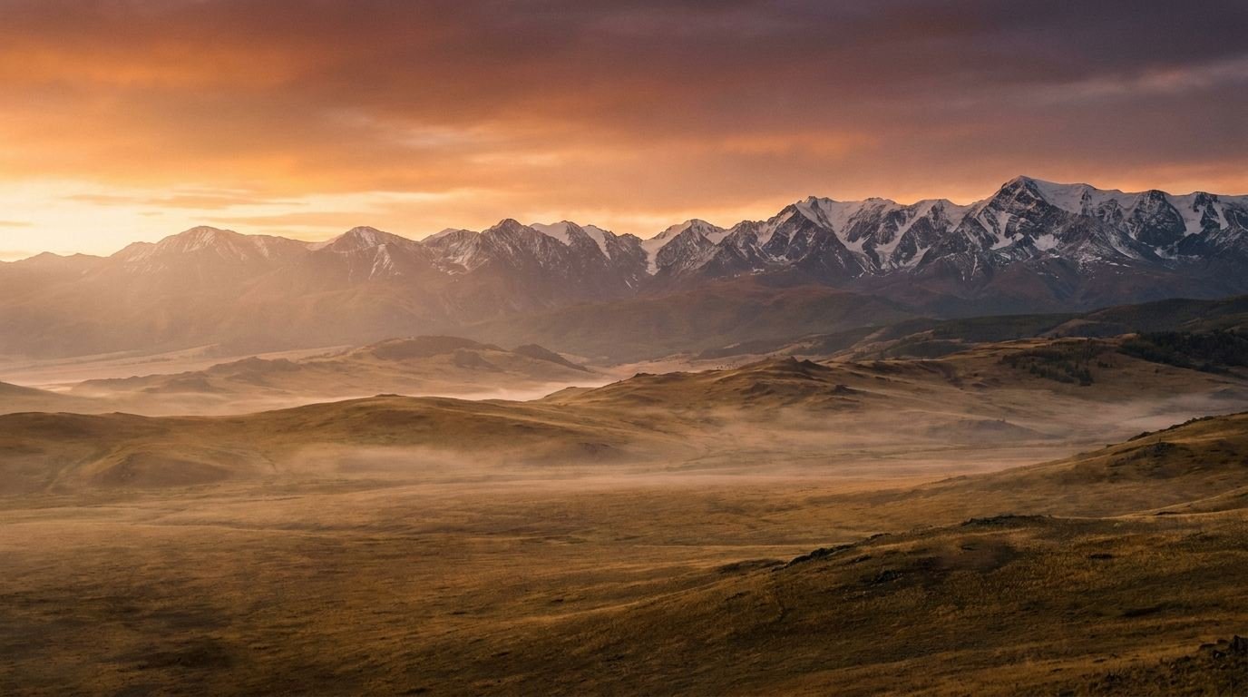 Dawn over the Altai range and the steppe of western Mongolia